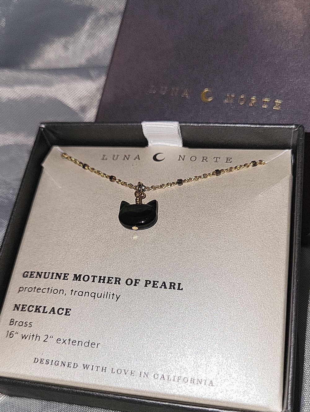 Luna Norte Black Cat Mother-of-Pearl Pendant Necklace Bnib M Te